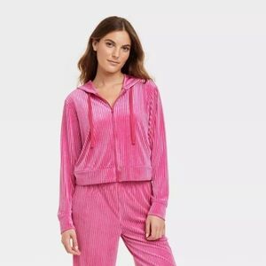 Hot Pink XS Women's Ribbed Velvet Zip-Up Hooded Sweatshirt - Colsie Stretchy